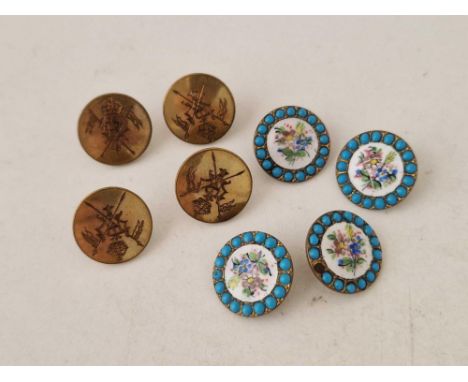 Four enamel decorated buttons etc.