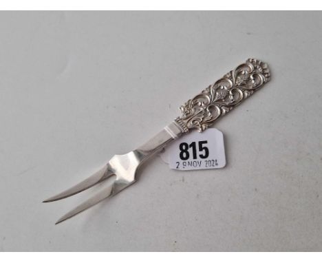 A Danish two prong fork by NM, 6 inches long, 830 standard