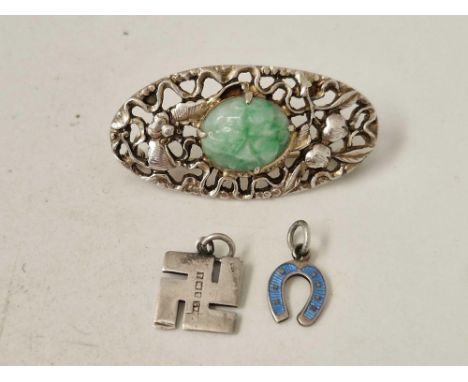 A Chinese silver and jade good fortune brooch together with two silver and enamel charms