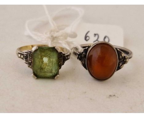 A green stone 9ct and silver ring and a silver ring