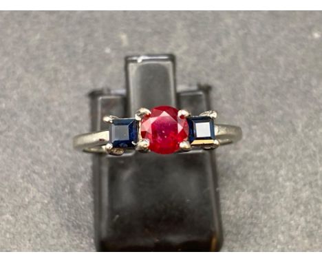 3 Stone Quality Ruby and Square cut Sapphires Ring 9ct White Gold Size O