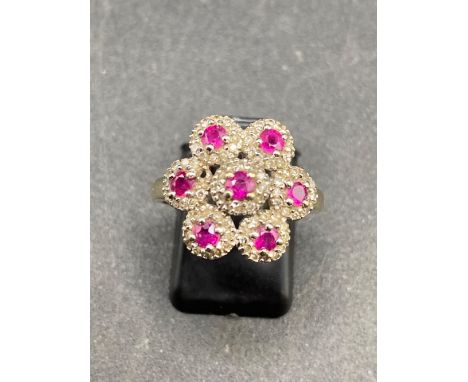 Pretty fine Ruby and Diamond multi cluster dress ring Size O 9ct