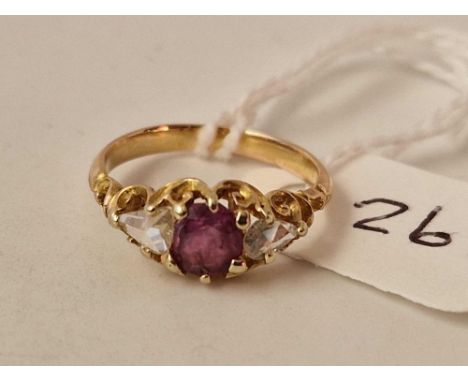 Antique gold Victorian ruby and rose diamond 3 stone ring in a carved scroll mount, size K