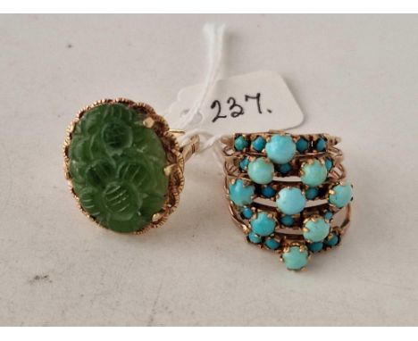 A 9CT JADE RING SIZE P AND A TURQUOISE EXAMPLE SIZE O 11 GMS INC.