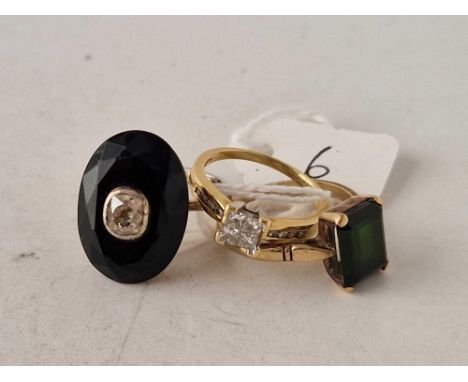 A 18CT GOLD DIAMOND CLUSTER RING SIZE L AND 9CT GREEN STONE RING SIZE N AND SILVER AND ONYX DIAMOND RING SIZE N