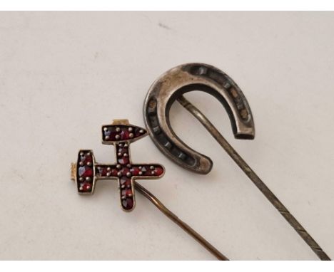 Two stick pins garnet and horse shoe