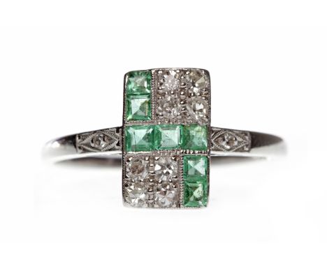 ART DECO EIGHTEEN CARAT WHITE GOLD EMERALD AND DIAMOND PLAQUE RINGwith a rectangular plaque bezel 11.2mm long set with square