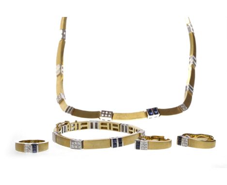 SUITE OF EIGHTEEN CARAT GOLD BI COLOUR DIAMOND AND SAPPHIRE SET JEWELLERYcomprising necklace, bracelet, earrings and ring, ea