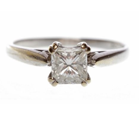 EIGHTEEN CARAT WHITE GOLD DIAMOND SOLITAIRE RINGwith a princess cut diamond of approximately 0.78 carats, size K-L, 2.6g