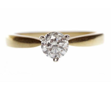NINE CARAT GOLD DIAMOND SOLITAIRE RINGwith a three claw set round brilliant cut diamond of approximately 0.41 carats, size K-