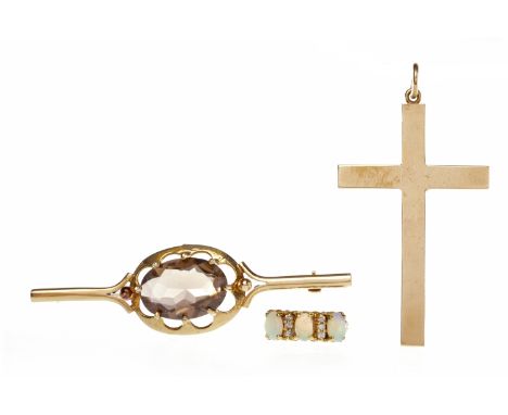 NINE CARAT GOLD CROSS PENDANT51mm high; along with a nine carat gold opal ring and an unmarked gem set brooch, 68mm long, 20.