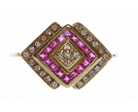 NINE CARAT GOLD RUBY AND DIAMOND DRESS RINGwith a central square diamond set section set diagonally and with round diamonds, 