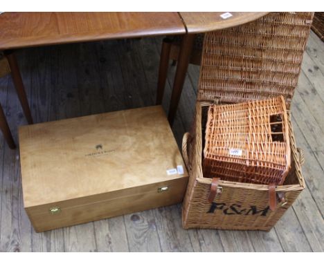 A Fortnum and Mason wooden hamper and two wicker baskets