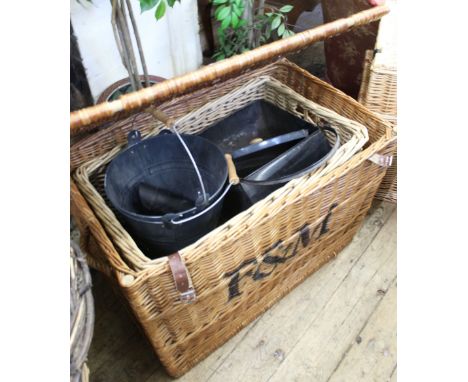 A large Fortnum and Mason wicker hamper containing coal bucket and scuttle and one other large wicker basket