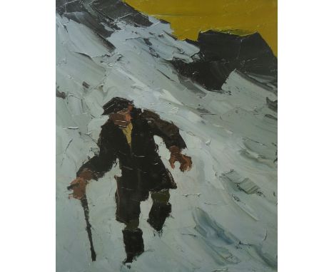 After SIR KYFFIN WILLIAMS RA coloured limited edition (146/150) print - farmer on a snowy mountain, signed in full, 64 x 54 c