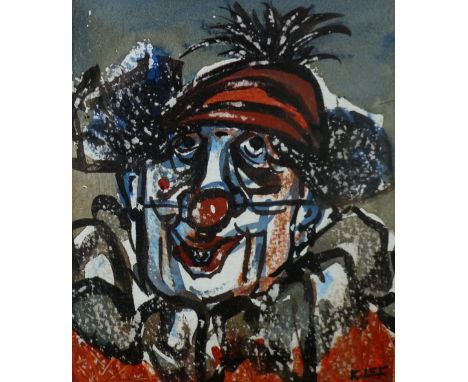 KAREL LEK ink and acrylic - head and shoulders portrait of a jolly clown, signed, 16 x 14 cms