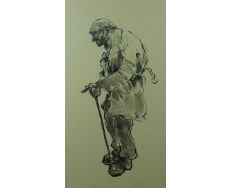 SIR KYFFIN WILLIAMS RA limited edition (41/750) colourwash print - old farmer with stick, signed with initials, 58 x 39.5 cms