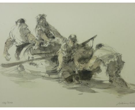 WILLIAM SELWYN limited edition (136/500) colourwash print - four fishermen and boats hauling in, signed in full, 29 x 40 cms