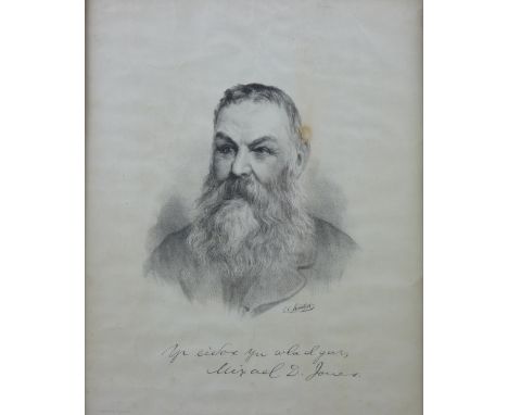 Early 20th Century framed print of Michael D Jones, one of the founding fathers of the Welsh settlement in Patagonia, 35 x 26