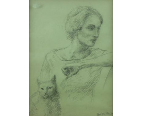 EVAN CHARLTON pencil - portrait entitled verso 'Woman with Cat', signed and dated 1976, 38 x 27 cms