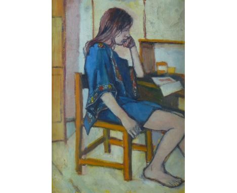 RALPH SPILLER oil on board - portrait of a seated girl studying, entitled 'Ula', signed and dated 1972, 44 x 30 cms