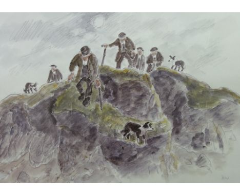 SIR KYFFIN WILLIAMS RA coloured print - group of farmers on a mountain top with their sheep, unsigned, 28.5 x 41 cms