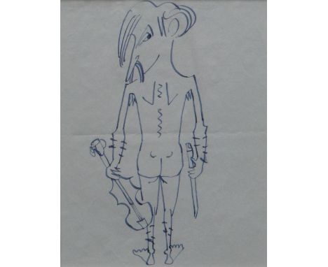 SIR KYFFIN WILLIAMS RA ink on paper - caricature drawing self-portrait, entitled 'Nude with Violin', 17x 13cms Provenance: gi