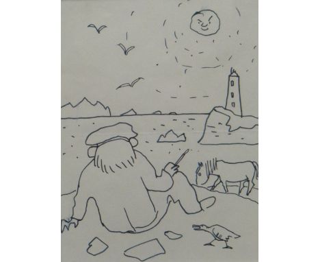 SIR KYFFIN WILLIAMS RA ink on paper - caricature drawing self-portrait working 'en plein air', inscribed verso 'Painting at L
