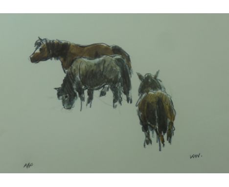 SIR KYFFIN WILLIAMS RA artist's proof colourwash and pencil print - three ponies, signed with initials, 25 x 35.5 cms