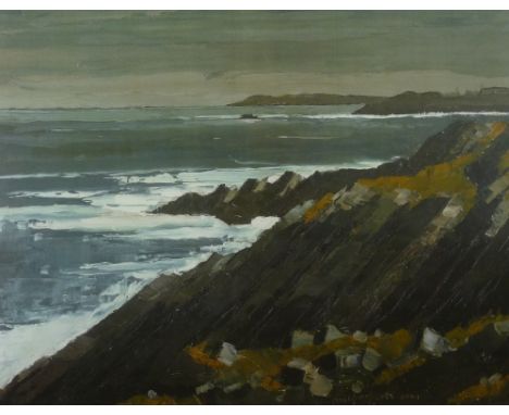 WILF ROBERTS coloured limited edition (5/15) print - coastal scene entitled 'Porth Llechog', signed, 28 x 37 cms