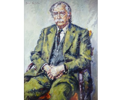 DAVID GRIFFITHS oil on canvas - a fine powerful portrait of the seated Sir Kyffin Williams, signed, 100 x 75 cms