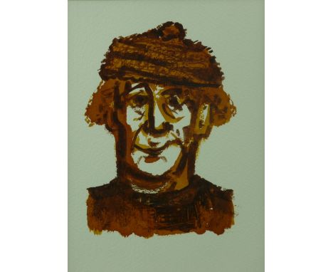 KAREL LEK watercolour - head and shoulders sepia portrait of a gentleman in a woolly hat, signed verso, 19 x 14 cms