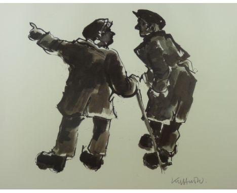 SIR KYFFIN WILLIAMS RA print - two standing farmers chatting, one with stick, signed in full, 44 x 53 cms