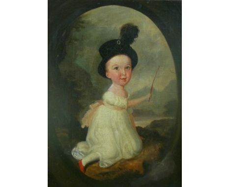 Late 18th/early 19th Century Primitive School oil on canvas - portrait of a kneeling little boy in a huntsman's feather hat a