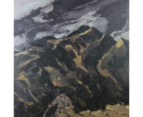 After SIR KYFFIN WILLIAMS RA coloured limited edition (202/250) print - mountainscape with farmer and stick, signed, 59 x 57 