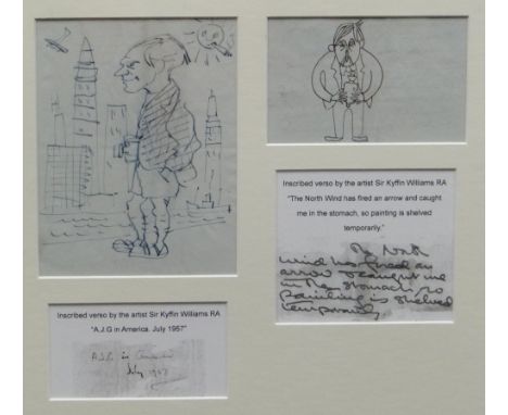 SIR KYFFIN WILLIAMS RA two ink drawings framed as one - one being a caricature of a standing gentleman before a New York skyl