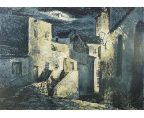 JOHN PIPER silk screen print - moonlit buildings with figure on steps, initialled 'J P' bottom left, 39 x 53 cms