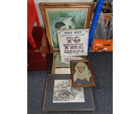 A gilt framed bevelled mirror together with a gilt framed print 'Girl with horse', black and white framed print ' hunting sce