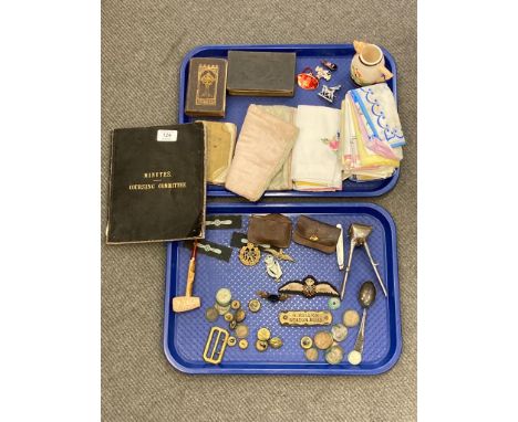 An interesting group of collectables to include a Coursing Minutes Committee book, military badges including RAF, coins, pipe