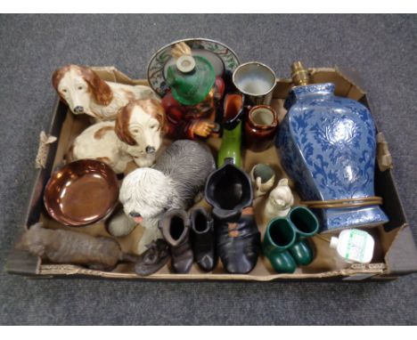 A box of assorted ornaments, boot vases, copper lustre bowl, lamp base