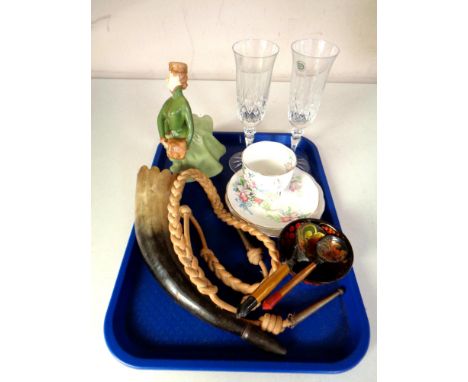 A tray containing Royal Doulton figure, Grace HN2318, a cow horn hunting horn, a Sweet Romance china trio etc.