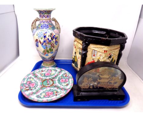 A tray containing a 19th century Cyples pottery oriental style planter together with a Japanese vase, a 20th century famille 