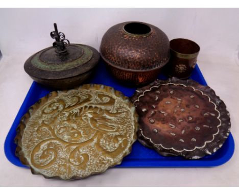 A tray containing five pieces of antique and later brass and copper ware including a Chinese brush pot, two scalloped edge tr