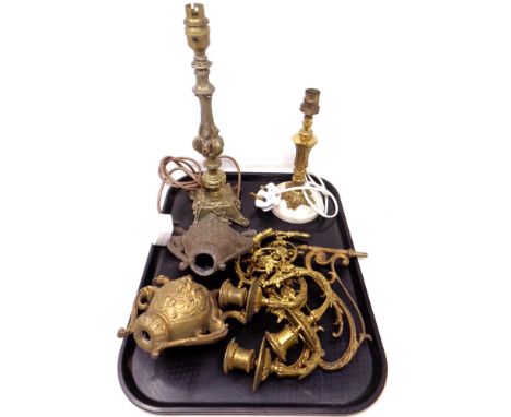 A tray containing Continental table lamps, gilt metal candle sconces.