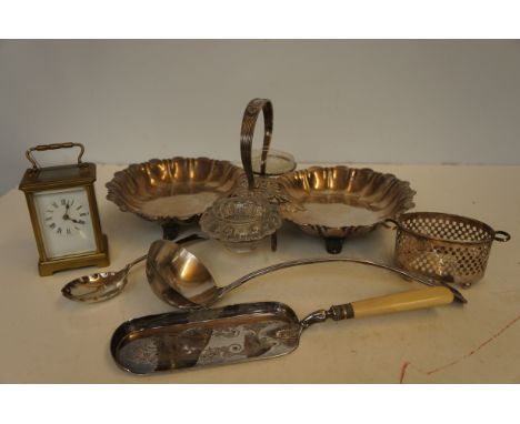 Collection of plated ware to include walker &amp; hall serving dish &amp; brass carriage clock 