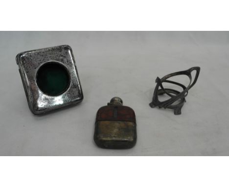 A silver Goliath pocket watch frame; together with a WMF cup holder and hip flask (A/F)