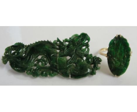 A green jade dragon brooch and jade set 14k ring, c1900