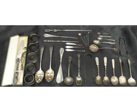 A quantity of silver flatware to inc a pair of 1810 London berry spoons by Hester Bateman; together with straining spoons, bu