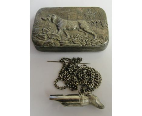A silver Lurcher head whistle; together with an EPBM gun dog snuff box