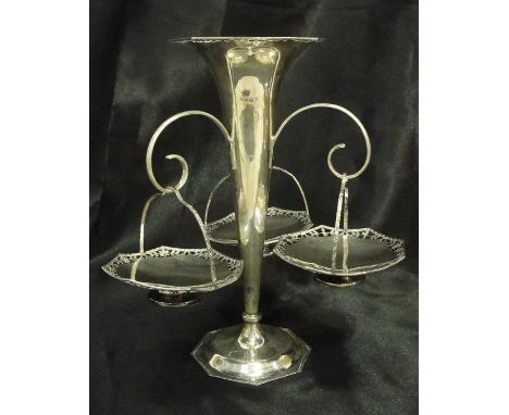 A silver epergne with three hanging dishes, Birmingham 1914, by William Hutton & Sons, approx weight 626 grams